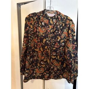 Elle's Belles Vintage-Style Black Paisley Floral Button-Up Blouse – Likely Rayon